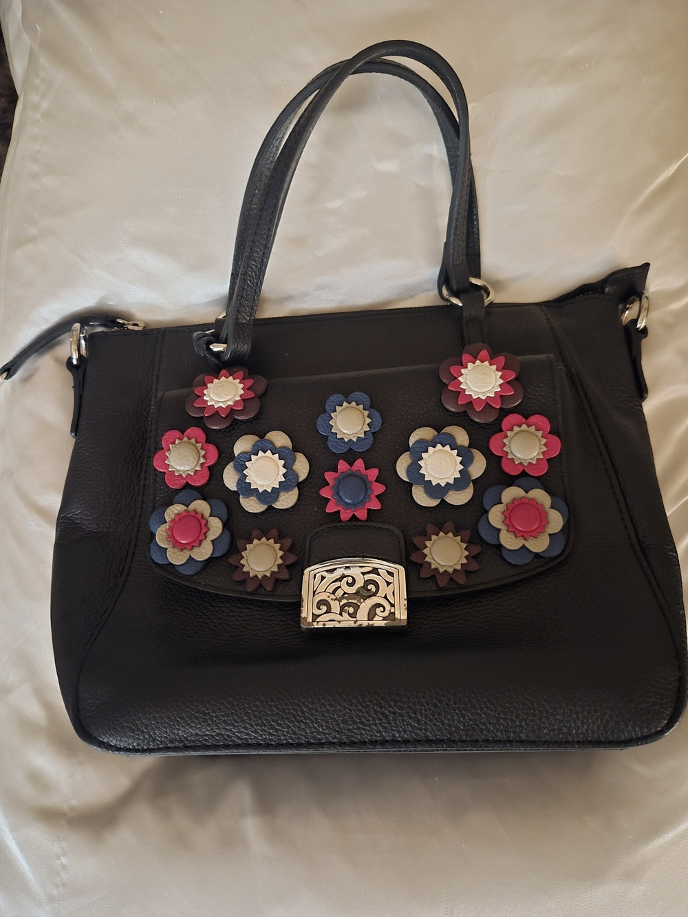 Brighton Black Pebbled Leather Floral Applique Satchel Shoulder Bag